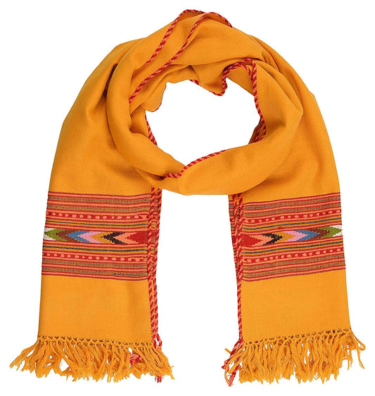 The aruna kullu handloom Women’s Hand Woven Woolen Stole features Kullu typical weaving in yellow with decorative red, green, pink, and black patterns, plus red braided trim and fringed ends.