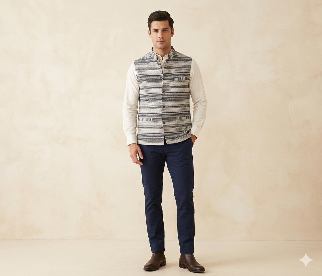 ARUNA KULLU HANDLOOM Men's Woolen Tweed Bandhgala Nehru Jacket PURE ANGORA WOOL ( WHITE & GREY ) 899.00 aruna kullu handloom