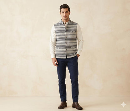 ARUNA KULLU HANDLOOM Men's Woolen Tweed Bandhgala Nehru Jacket PURE ANGORA WOOL ( WHITE & GREY ) 899.00 aruna kullu handloom