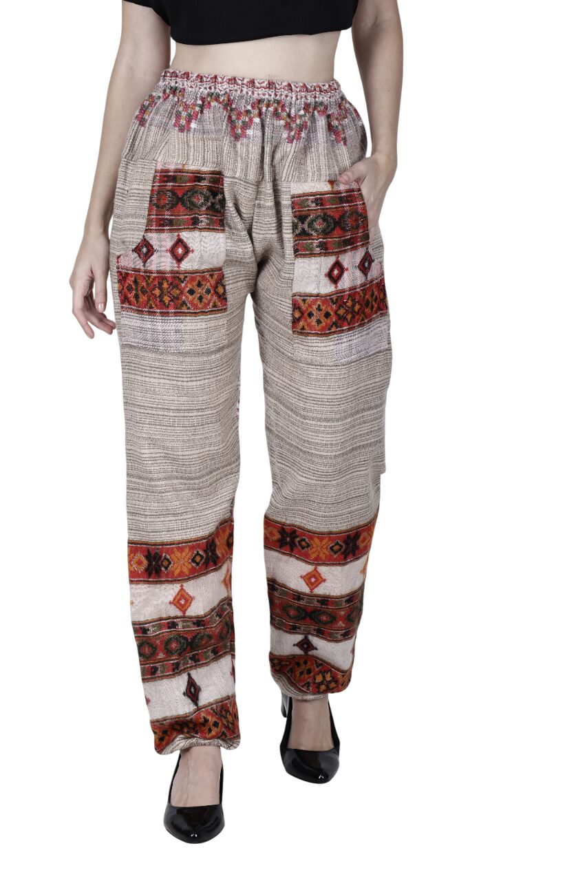 These woolen pajamas made with kullu shawls also called hippie pajama for men women pyjamas for ladies online India buy kullu kinnauri design pant 3 patti design