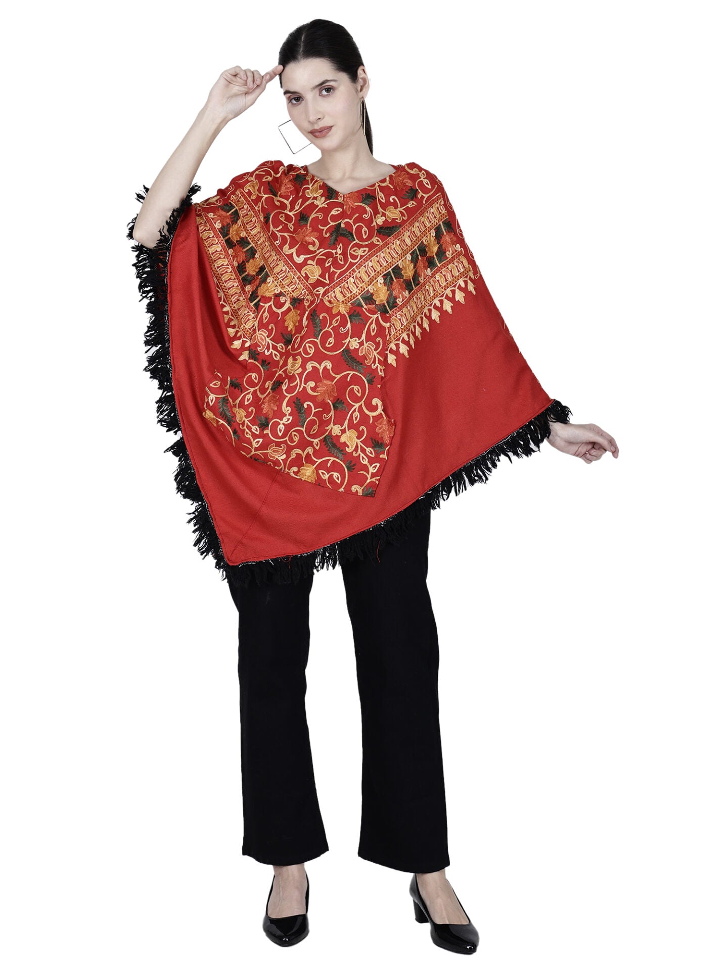 long poncho dress Kashmiri embroidered woolen poncho with hood for ladies red 1299.00 aruna kullu handloom