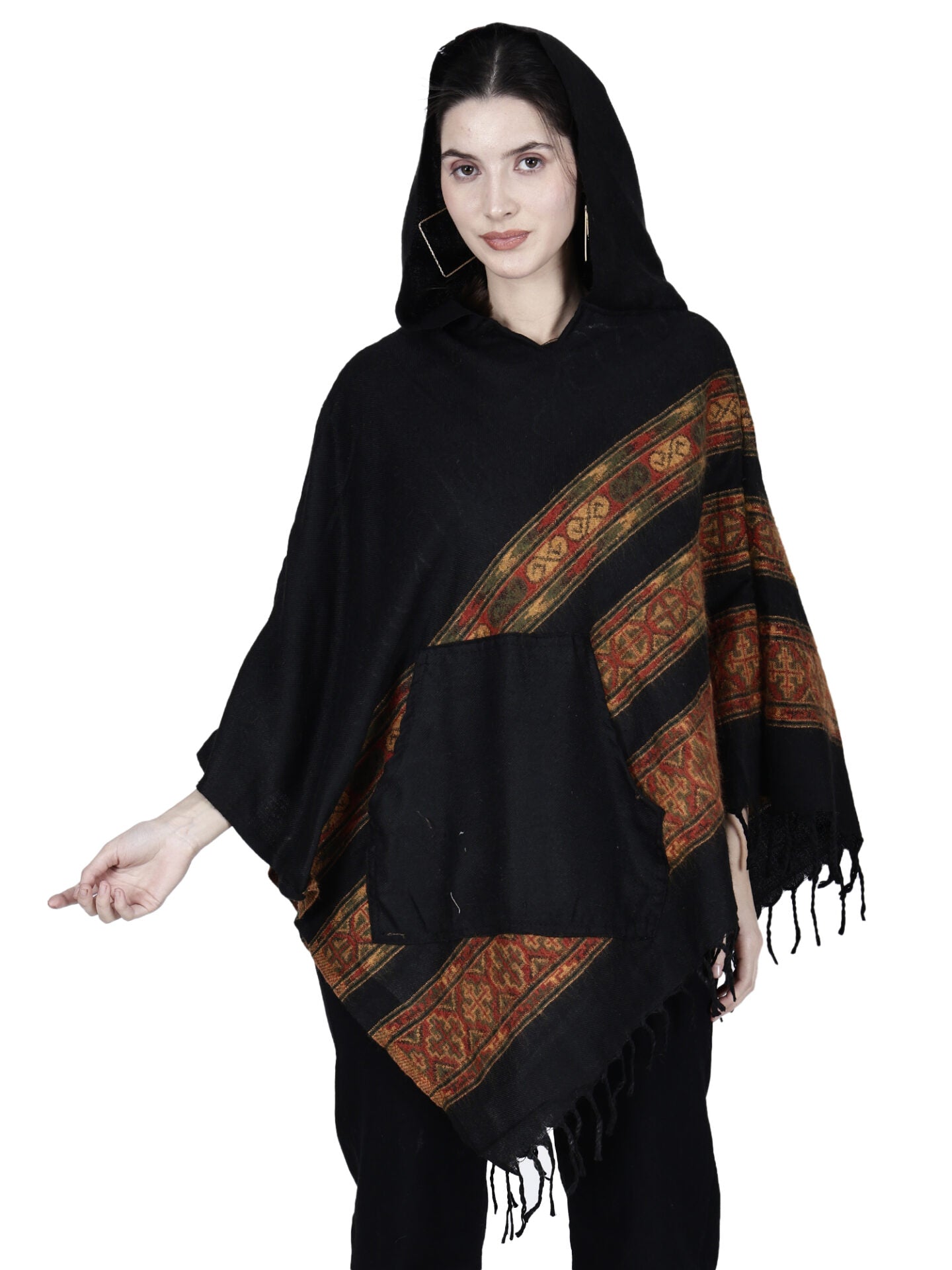 A woman wears the Aruna Kullu Handloom black woolen shawl poncho for girls (long 3 patti) by aruna kullu handloom, featuring red and gold stripes, fringed edges, a front pocket, and a modern-traditional design against a white background.