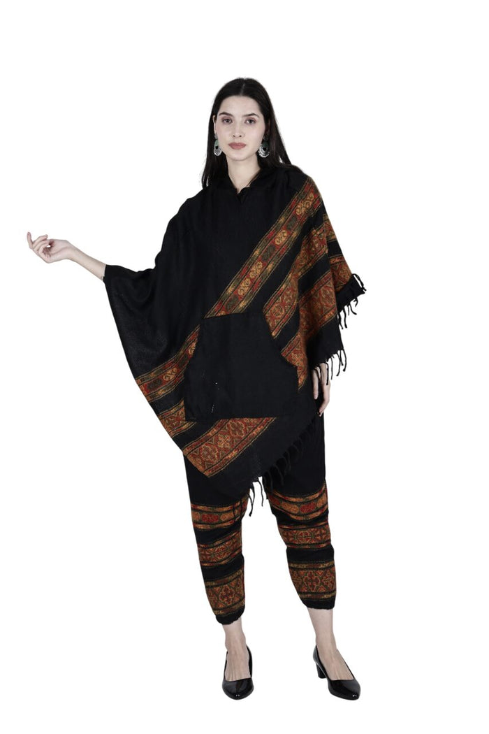 kullu shawl combo poncho and pajama black 3 patti