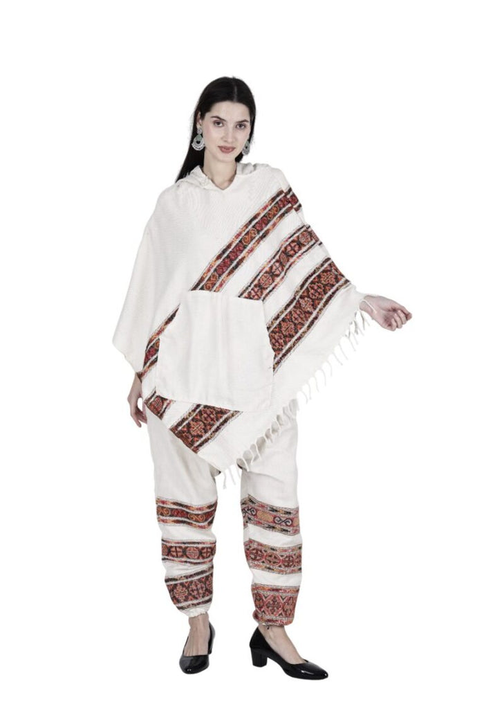 Aruna kullu handloom shawl combo poncho and pajama white 3 patti