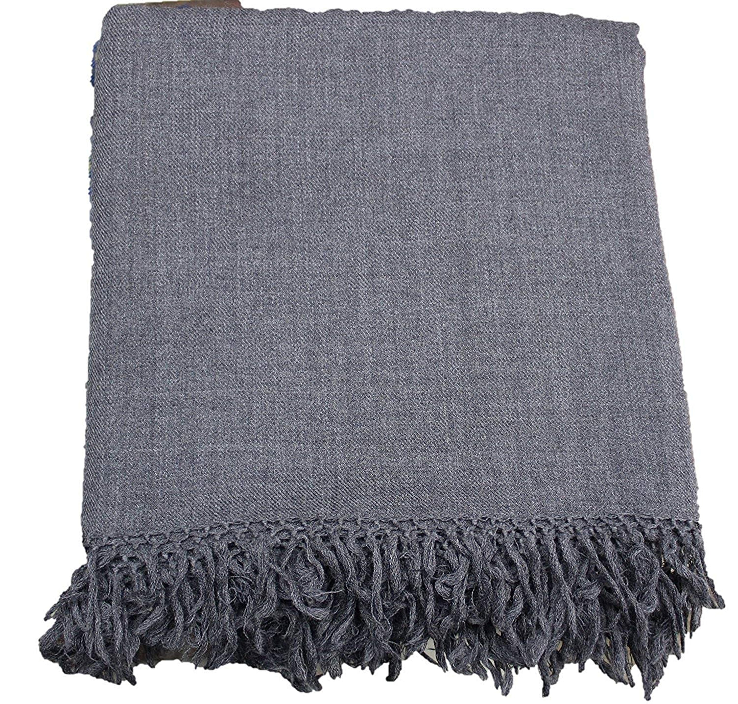 The ARUNA Genuine Hand Woven Kullu Wool LOI by aruna kullu handloom is a dark grey shawl for men, crafted from pure wool with decorative tassels along the bottom edge, shown folded on a plain white background.