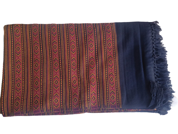 The "Hand Woven PASHMINA Black Shawl" by aruna kullu handloom is a pure woolen, hand-woven shawl for women, featuring colorful geometric embroidery on black, solid sections, and fringed edges shown on a white background.