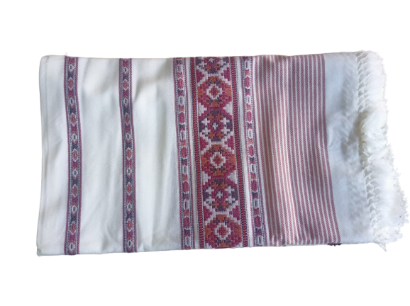 Kullu Shawl for Women bhuttico kullu shawls bhuttico shawls online kullu shawl price Bhuttico shawl price in india The Hand Woven PASHMINA WHITE Shawl by aruna kullu handloom features pink and purple embroidered geometric designs, handwoven in pure wool with stripes and a tasseled edge, perfect for women.