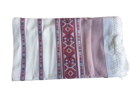 Kullu Shawl for Women bhuttico kullu shawls bhuttico shawls online kullu shawl price Bhuttico shawl price in india The Hand Woven PASHMINA WHITE Shawl by aruna kullu handloom features pink and purple embroidered geometric designs, handwoven in pure wool with stripes and a tasseled edge, perfect for women.