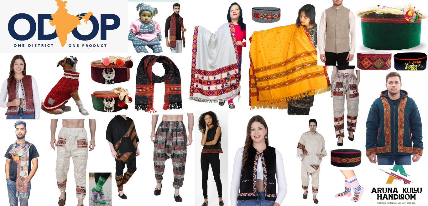 A collage showcases various Kullu handloom products, including shawls, caps, stoles, jackets, dresses, and scarves modeled by men, women, children, and a dog, along with ODOP and Aruna Kullu Handloom logos.