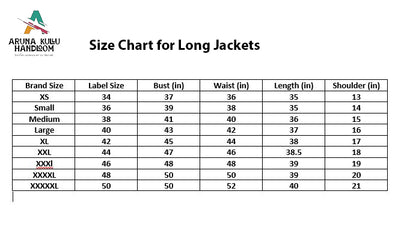 A size chart for aruna kullu handloom's Woolen Winter Wear Long Jacket for Women (BLACK) shows sizes XS–XXXXXL with bust, waist, length, and shoulder in inches, presented in a table—perfect winter party wear for ladies.