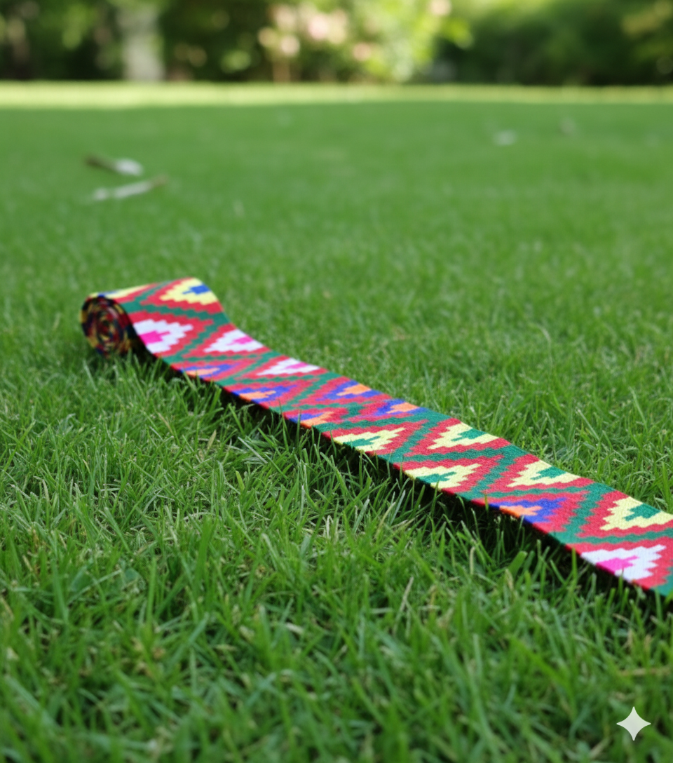 A 3-meter Kullu patti design lace border from aruna kullu handloom featuring traditional geometric motifs is displayed on vibrant green grass in a sunlit outdoor setting.