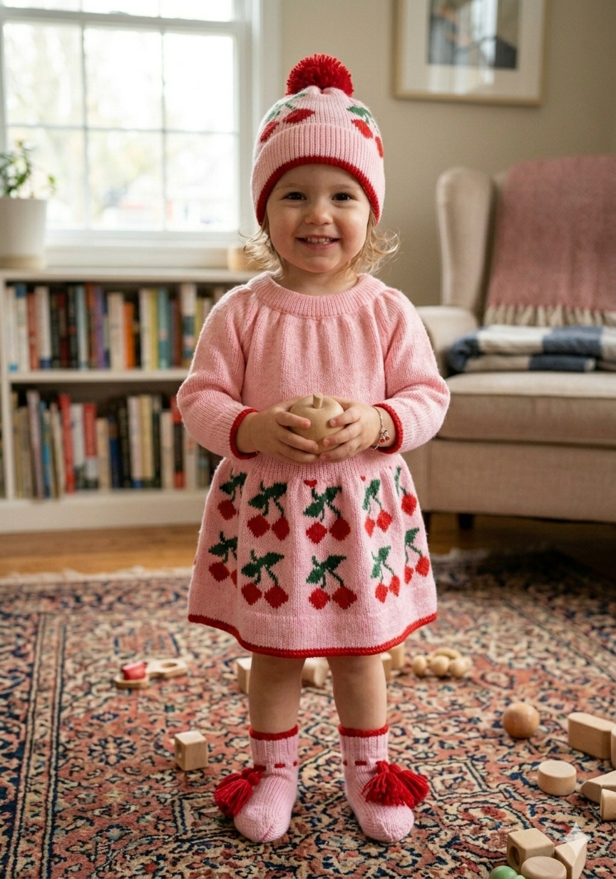 PURE WOOL HAND KNITTED woolen baby set pink cherry design 499.00 aruna kullu handloom