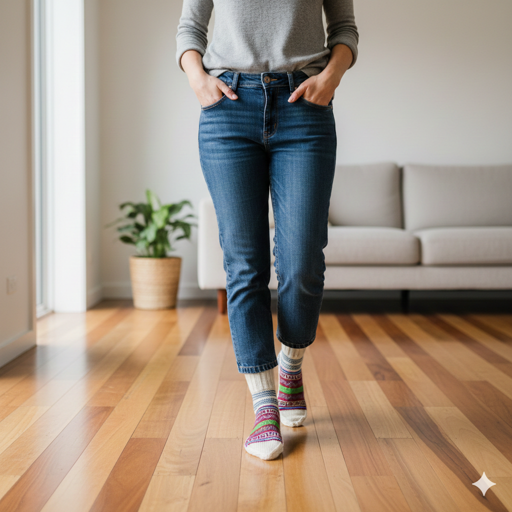 A person in a gray sweater, blue jeans, and aruna kullu handloom Merino Wool Socks – White stands on a wooden floor with hands in pockets. A potted plant and beige sofa are visible in the background.