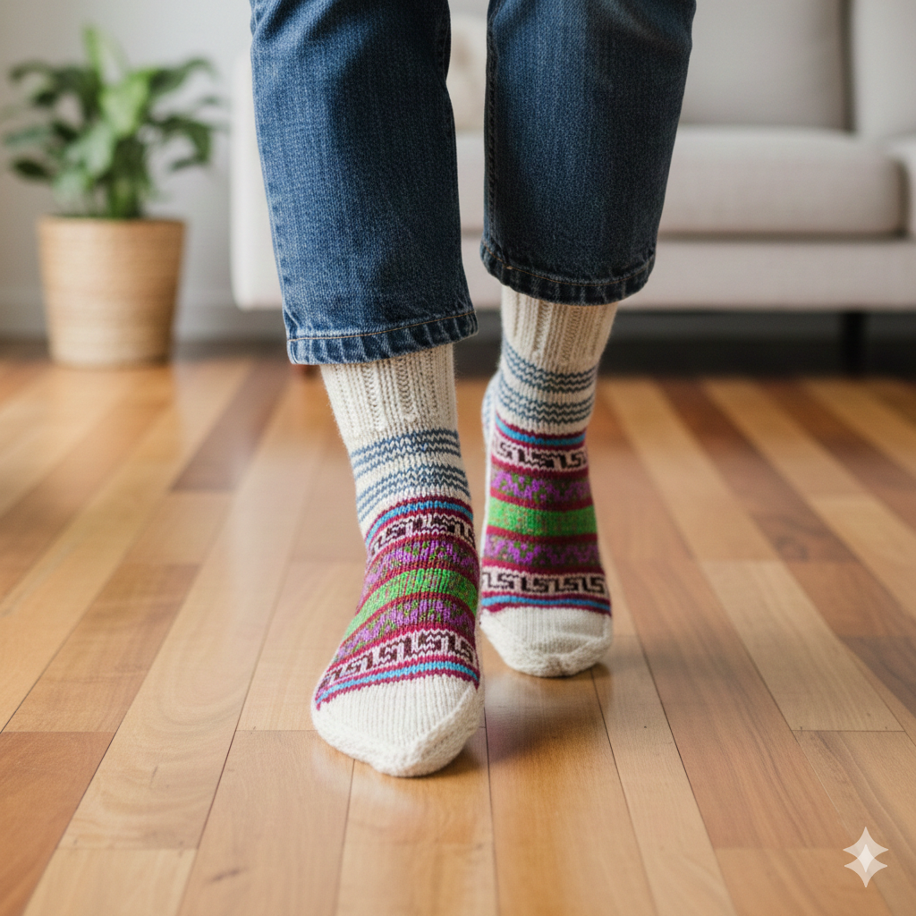 A person wearing aruna kullu handloom Merino Wool Socks – White and blue jeans stands on a wooden floor with a white sofa and potted plant in the background, creating a cozy Bhuttico vibe.