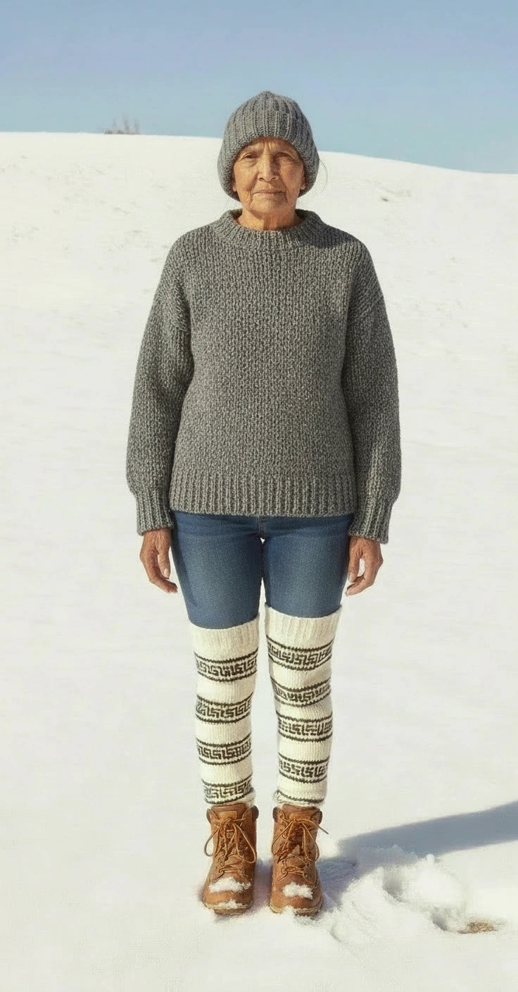 An older woman stands on snow under a clear blue sky, wearing a gray knit hat and sweater, blue jeans, brown boots, and aruna kullu handloom knitted wool fleece lined leg warmers boot toppers.