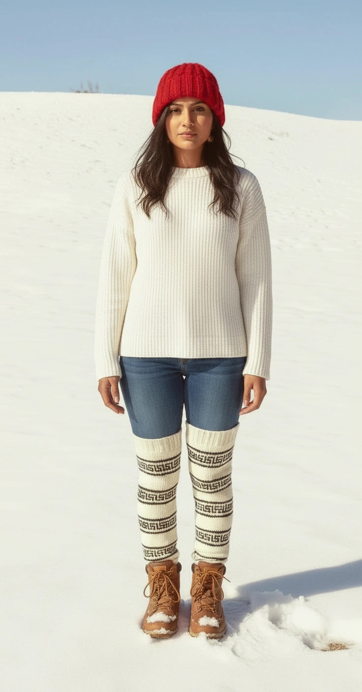 A woman stands on snow in a red knit hat, white sweater, blue jeans, brown boots, and aruna kullu handloom knitted leg warmers wool fleece lined boot toppers. The background features a clear blue sky and snowy landscape.