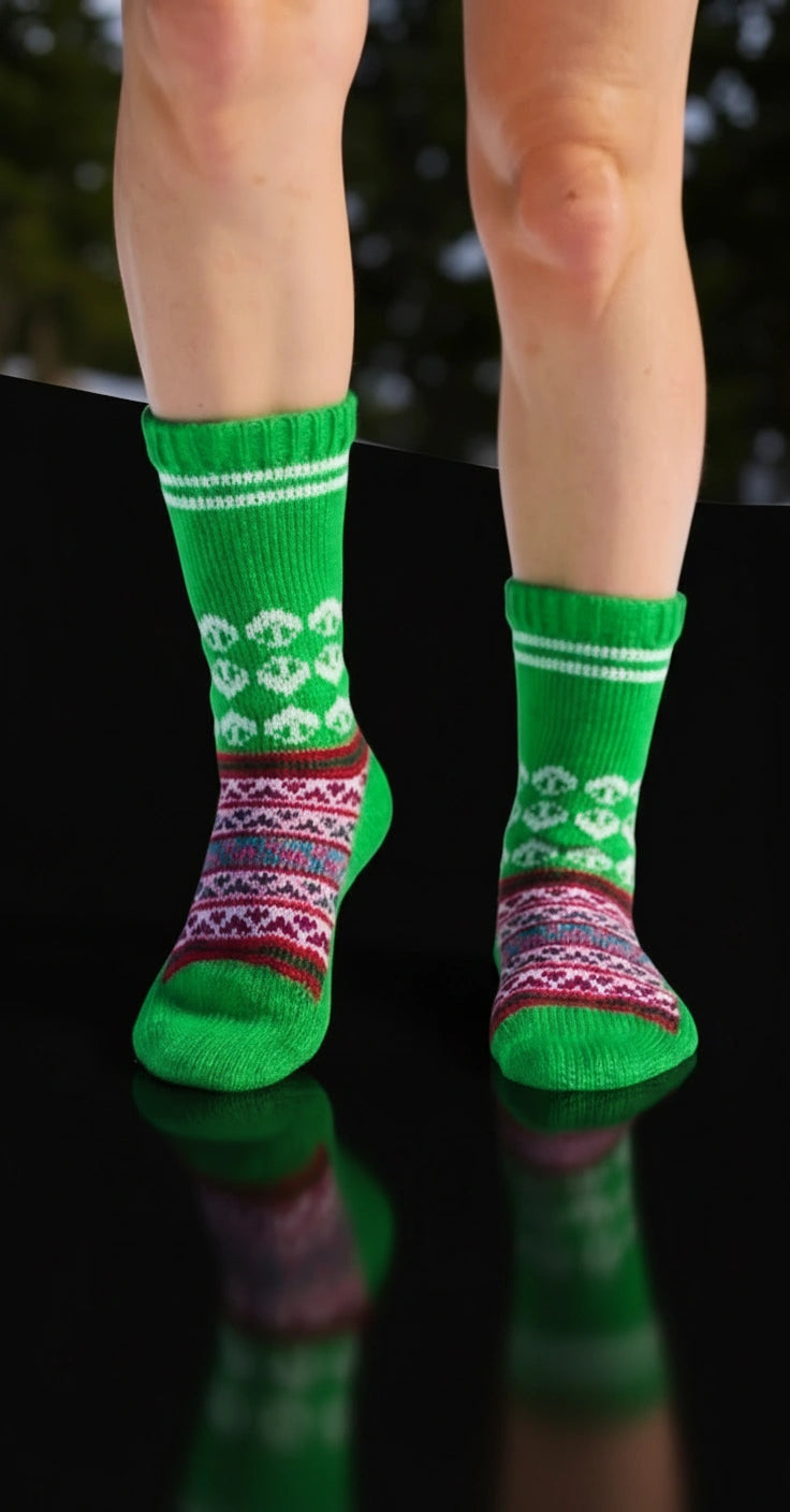 A person is wearing aruna kullu handloom Woollen Traditional Hand Made Kullu Socks (Multicolour, Free Size) GREEN, featuring white patterns and colorful bands, while standing on a shiny black surface with a dark, blurred background.