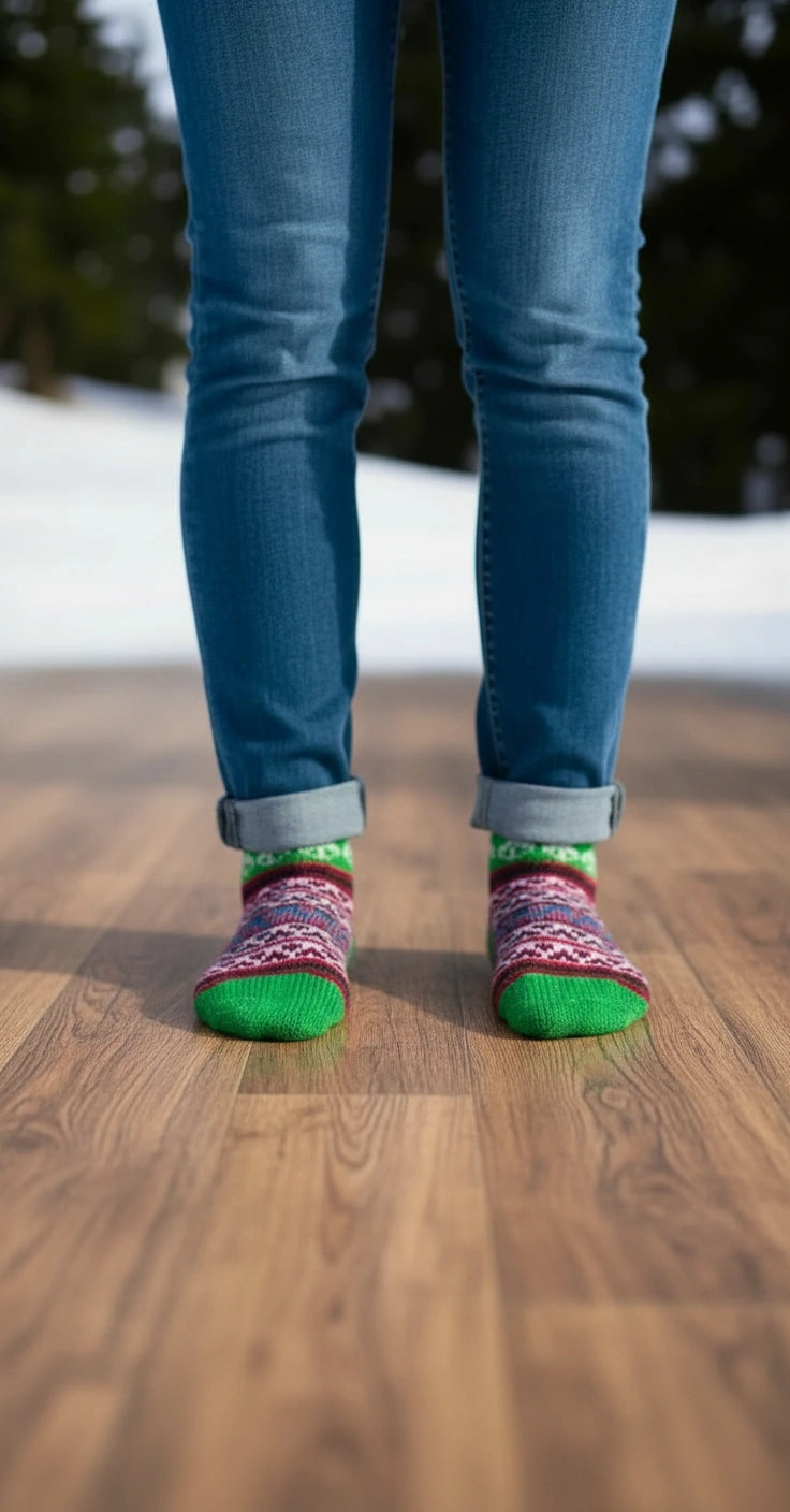A person stands on a wooden floor in blue jeans, wearing aruna kullu handloom Woollen Traditional Hand Made Kullu Socks (Multicolour, Free Size) GREEN. Snow and trees are visible in the blurred background.