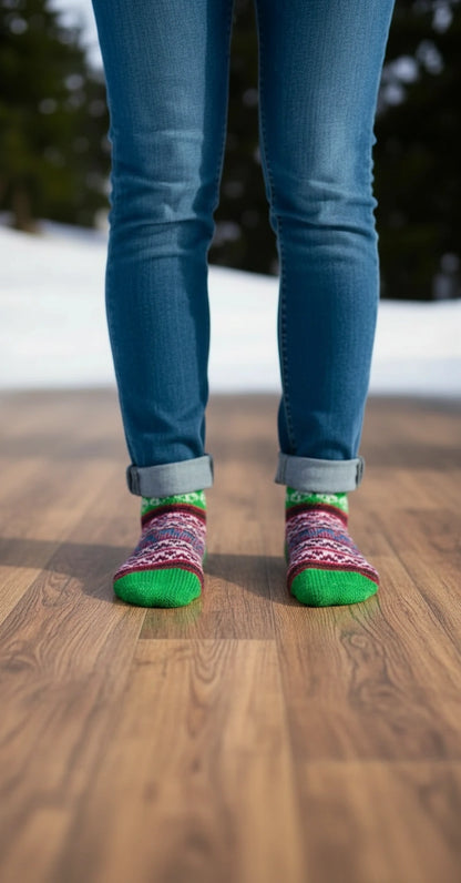 A person stands on a wooden floor in blue jeans, wearing aruna kullu handloom Woollen Traditional Hand Made Kullu Socks (Multicolour, Free Size) GREEN. Snow and trees are visible in the blurred background.