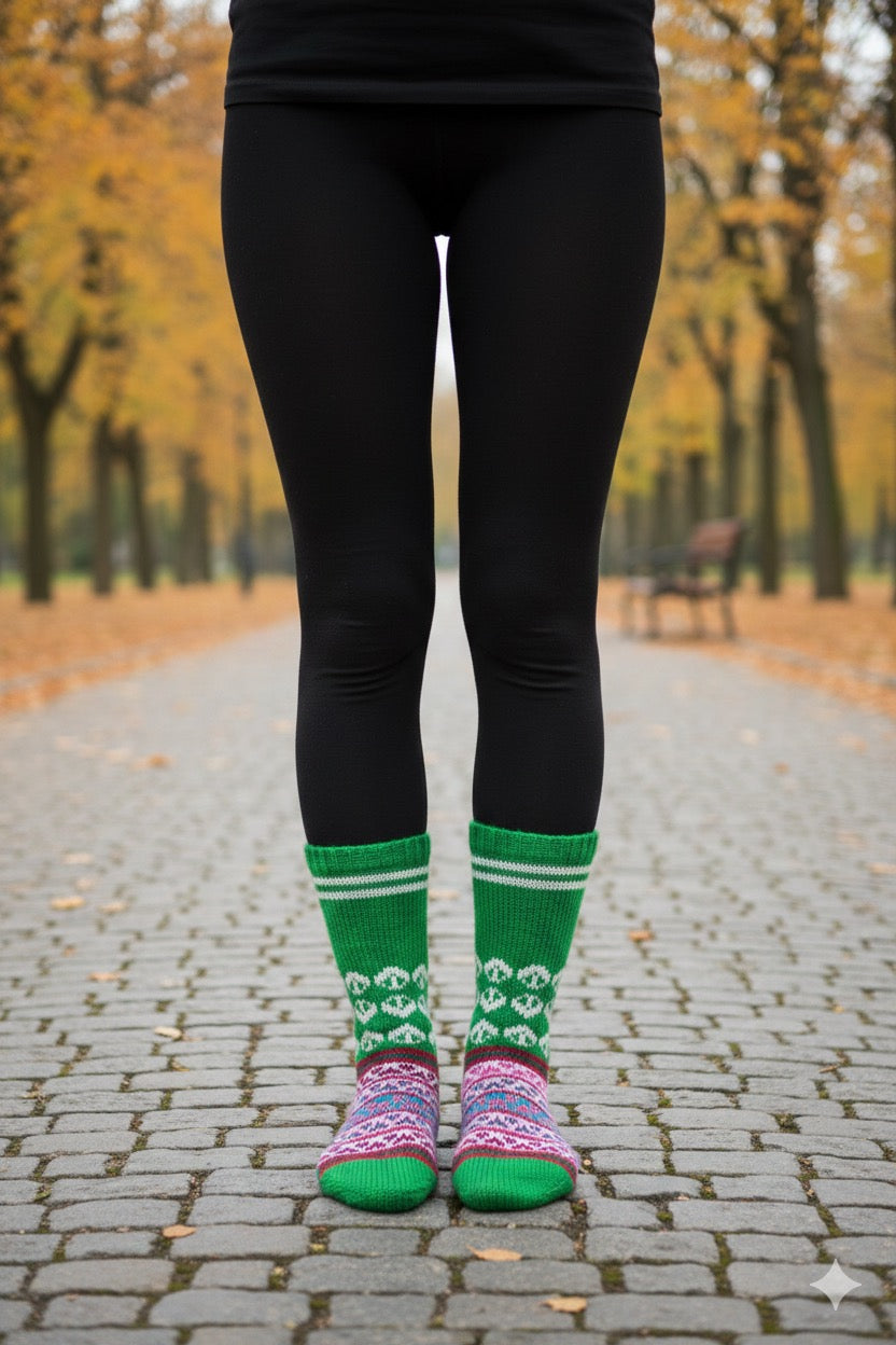 A person wearing black leggings and aruna kullu handloom Woollen Traditional Hand Made Kullu Socks (Multicolour, Free Size) GREEN with recycling symbols stands on a cobblestone path lined with autumn trees.
