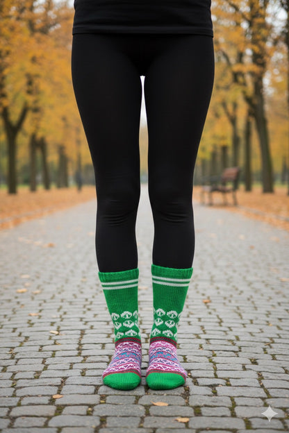 A person wearing black leggings and aruna kullu handloom Woollen Traditional Hand Made Kullu Socks (Multicolour, Free Size) GREEN with recycling symbols stands on a cobblestone path lined with autumn trees.