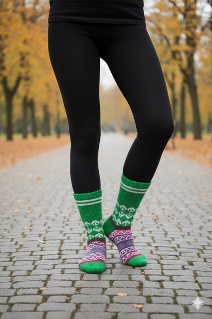 A person in black leggings wears aruna kullu handloom's Woollen Traditional Hand Made Kullu Socks (Multicolour, Free Size) GREEN, featuring green with white designs and purple, pink, and blue accents, on a cobblestone path with autumn trees.