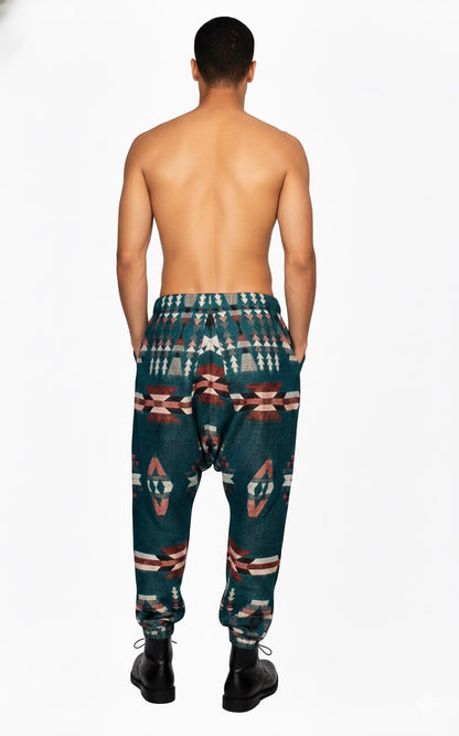 A shirtless man stands facing away, wearing aruna kullu handloom Wool Super Soft Warm Pajamas with Kullu Patti work in green, against a plain white background.