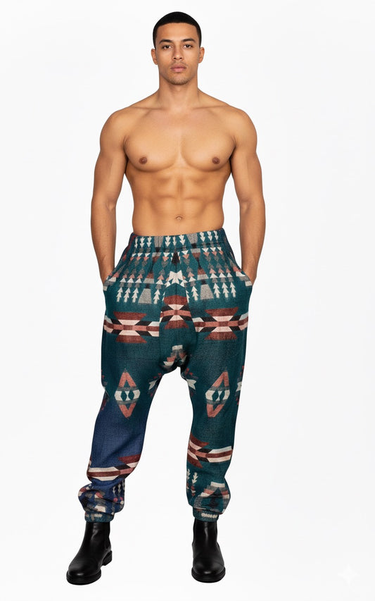 winter pajama for men mens pyjamas traditional loose cotton pyjamas for men mens pyjamas traditional pajama for men kullu pajama kullu pajama online himachali pajama for men  A shirtless man stands facing forward in aruna kullu handloom's wool super soft warm pajamas with Kullu Patti work yoga pajama green, hands in pockets, against a plain white background.