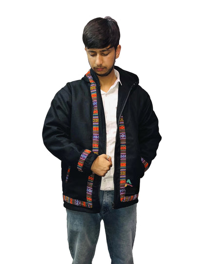 Woolen Winter Wear ZIPPER HOODIE Jacket for MEN & Women WITH KULLU PATTI WORK SPANISH BLACK 1099.00 aruna kullu handloom