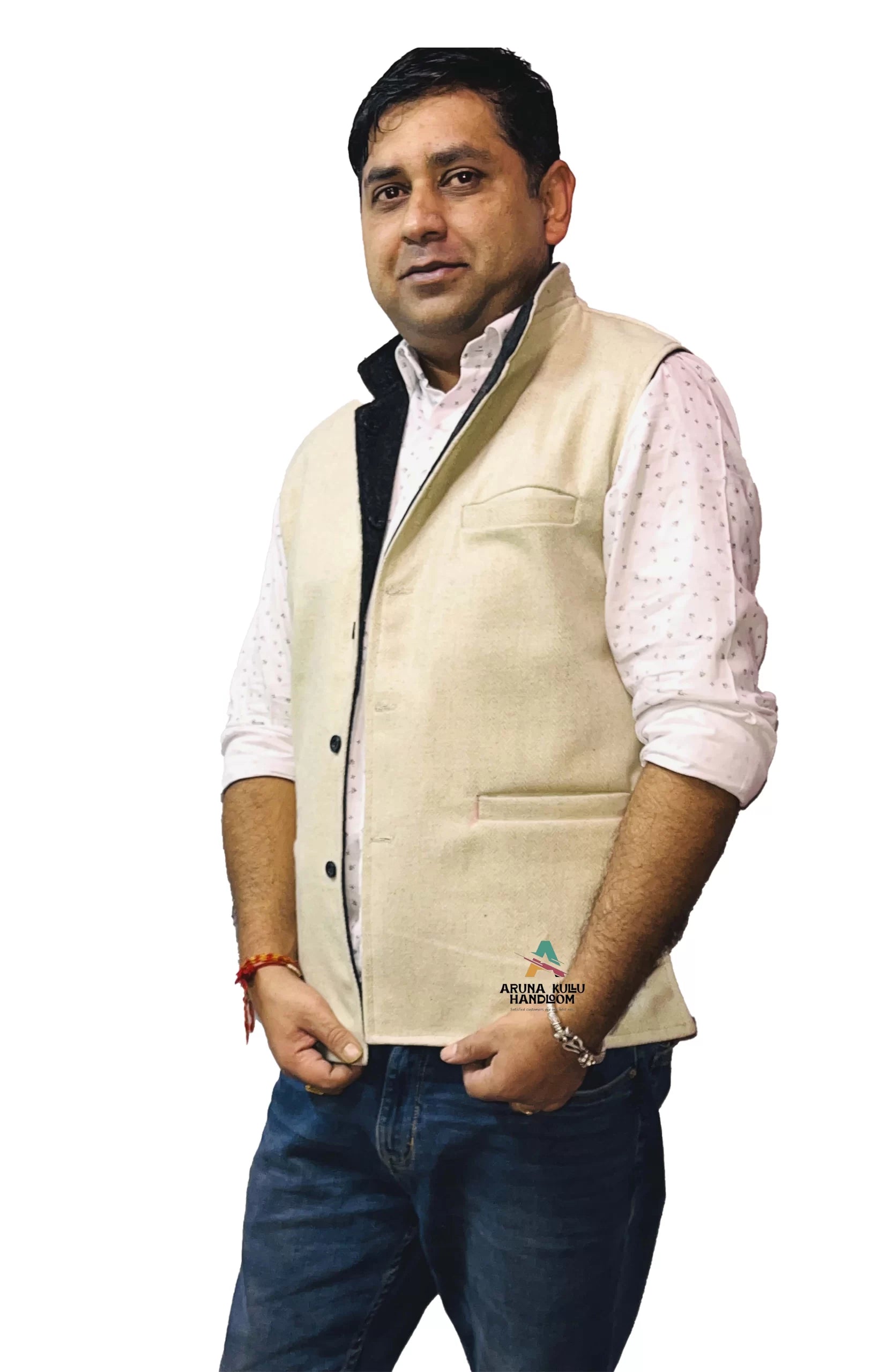 Men's Woolen Tweed Bandhgala Nehru Jacket Waistcoat beige color 999.00 aruna kullu handloom