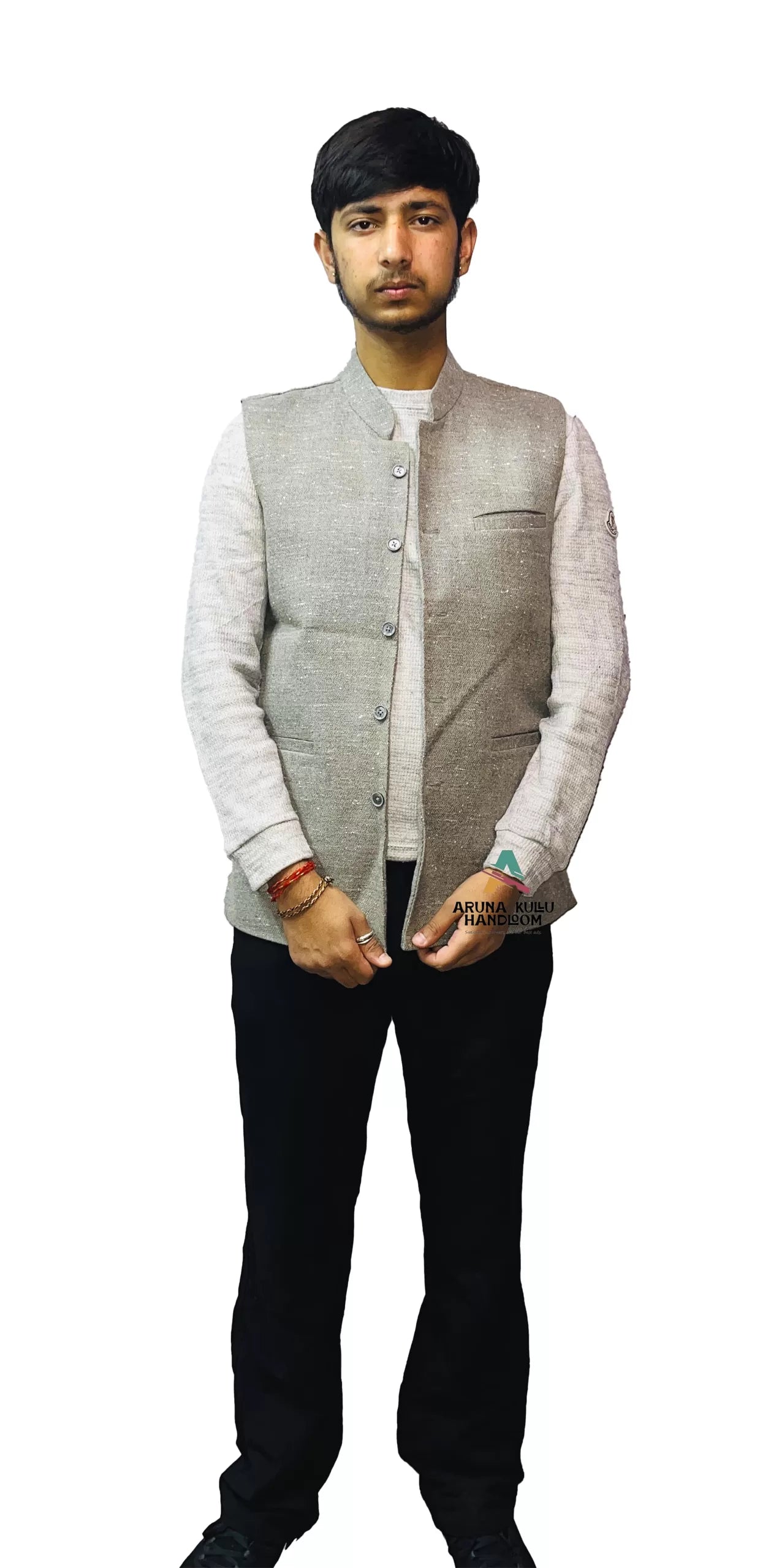 Men's Woolen Tweed Bandhgala Nehru Jacket PURE YAK WOOL GREY 1199.00 aruna kullu handloom