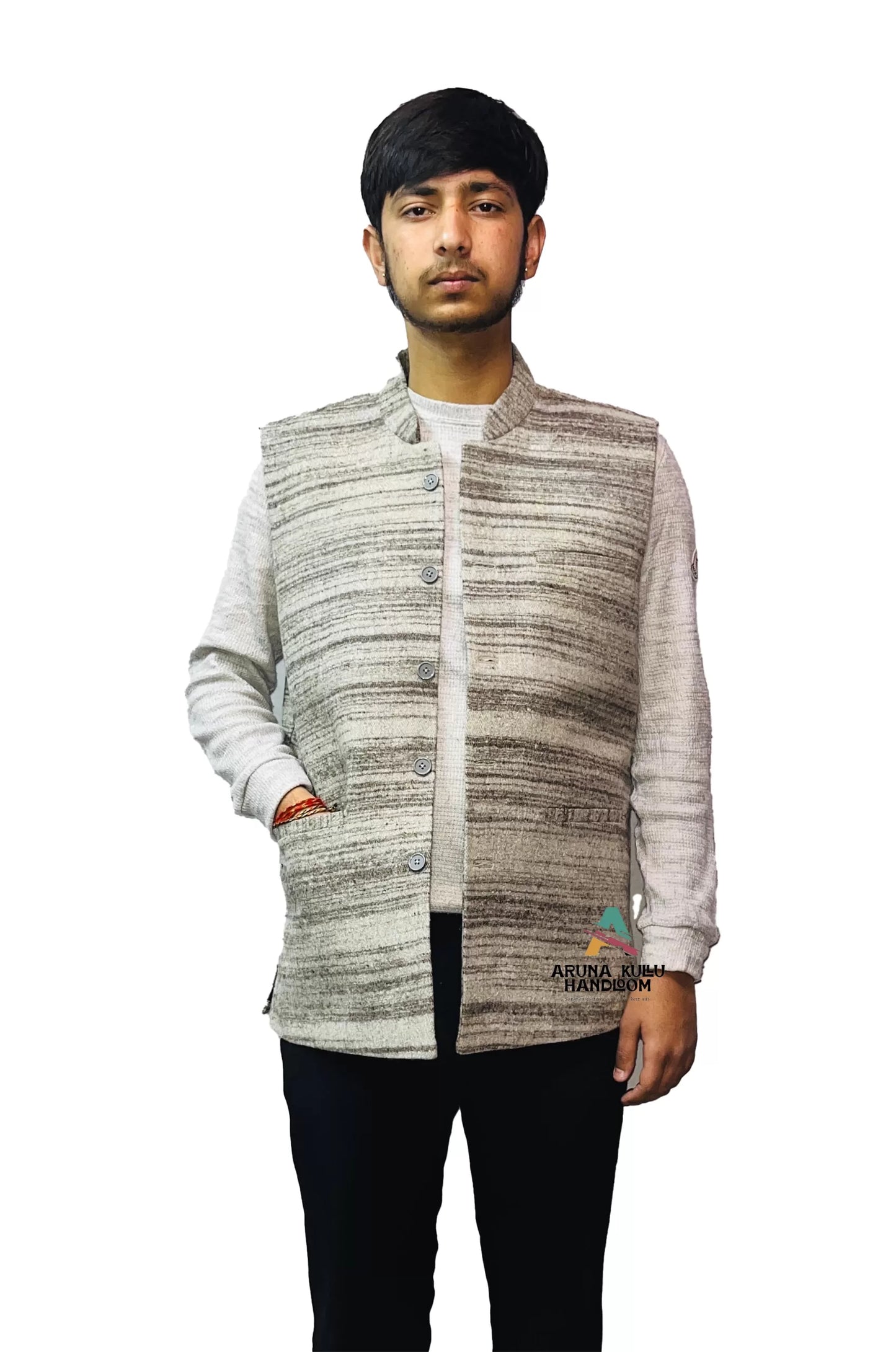 kinnauri coat Pure sheep wool kullu patti nehru jacket white & grey 2199.00 aruna kullu handloom