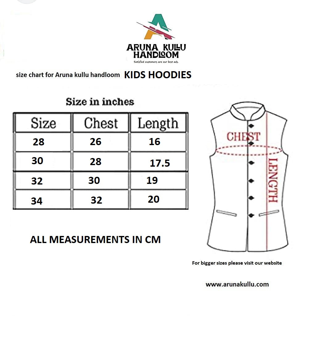 A size chart for aruna kullu handloom Woolen Winter Wear Zipper Hoodie for Kids—ideal as a kids’ winter jacket—shows chest and length in inches for sizes 28, 30, 32, and 34, plus an image highlighting these measurement areas.