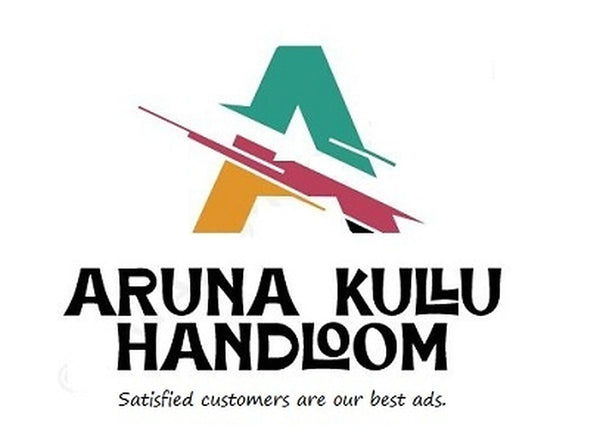 Logo for Aruna Kullu Handloom featuring a stylized letter A with colorful geometric shapes above bold black text, and the slogan Satisfied customers are our best ads. below.
