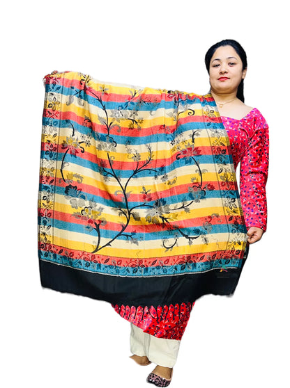 A woman in a red and white outfit holds up the Aruna Kullu Handloom Kashmiri Pashmina Shawl, both sides usable in black.