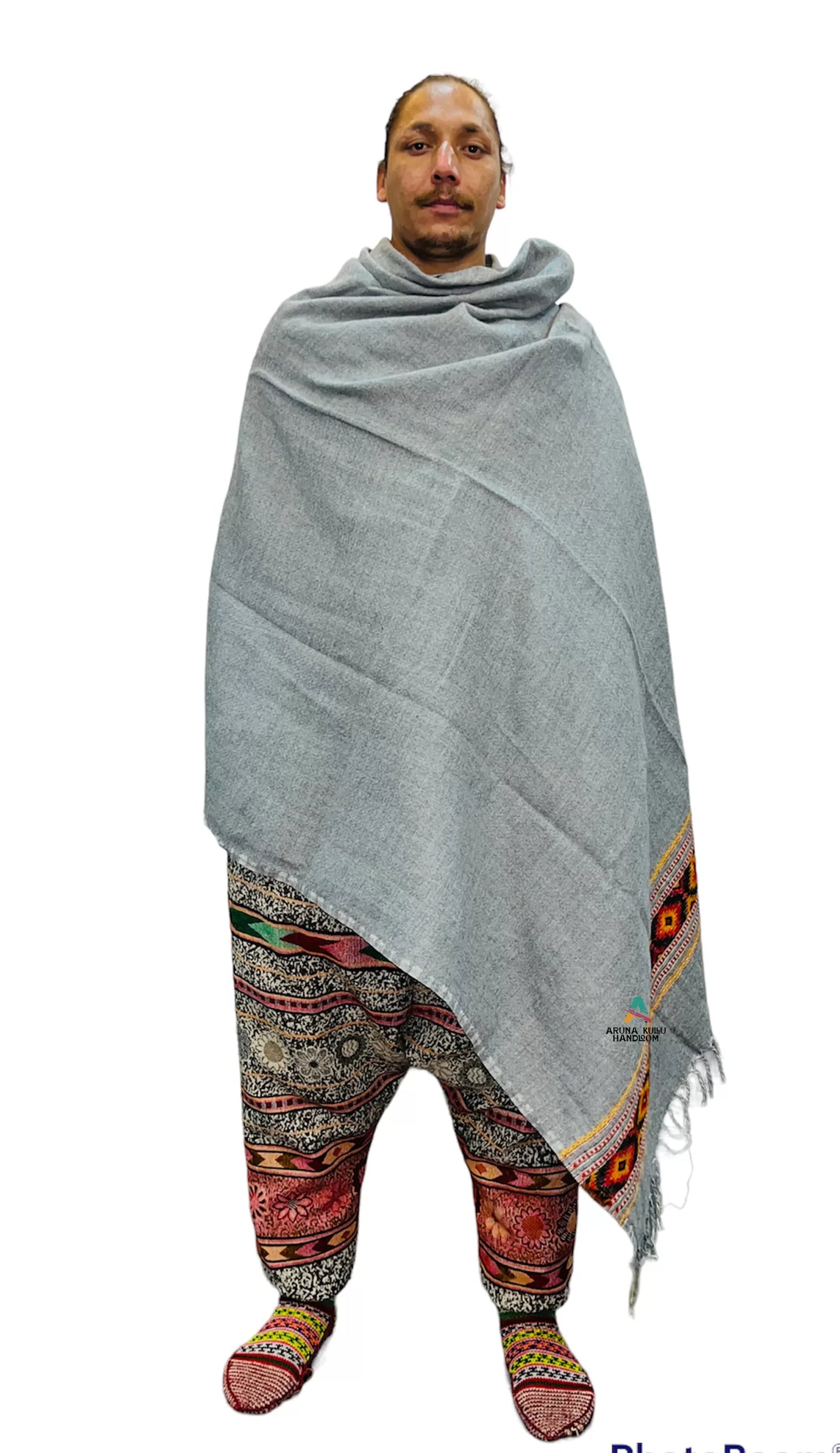 Kullu Wool LOI ( MEN SHAWL )- light grey and check light grey WITH KULLU PATTI WORK 1799.00 aruna kullu handloom