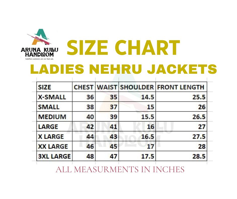 Size chart for Nehru jacket women with embroidery work black, featuring chest, waist, shoulder & front length (in inches) for XS-3XL. Brand "aruna kullu handloom" logo at top. Ideal as a women's winter sleeveless jacket.