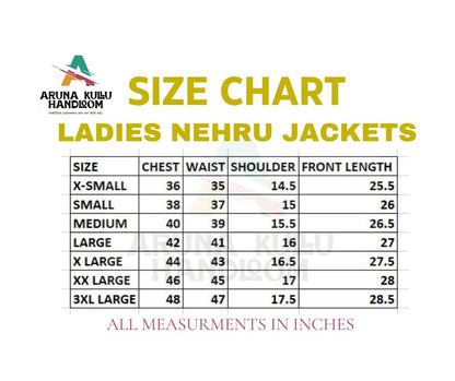 Size chart for aruna kullu handloom Nehru jacket women with embroidery work coffee. Sizes XS–3XL with chest, waist, shoulder, and front length (in inches) are listed in the table for these ethnic ladies' jackets.