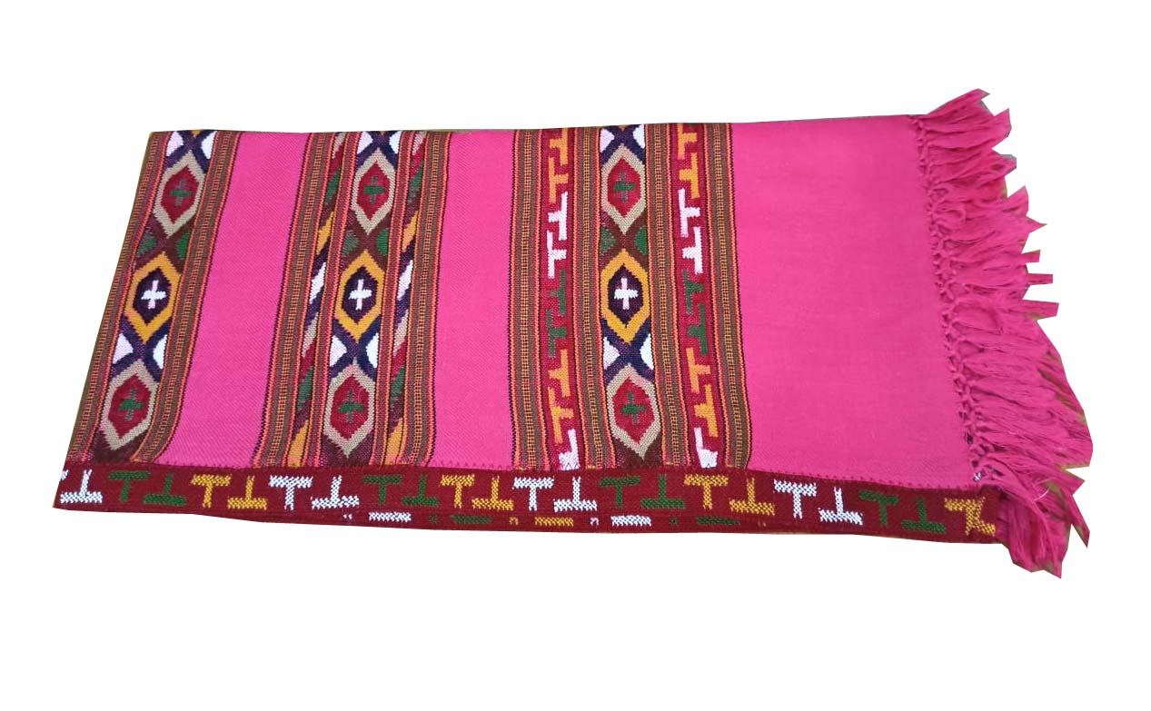 Discover unique style with the aruna kullu handloom PURE YAK WOOL ANGORA TRIPLE BORDER KULLU SHAWL in pink, featuring colorful geometric patterns and fringed edges. Experience traditional craftsmanship in pure wool.