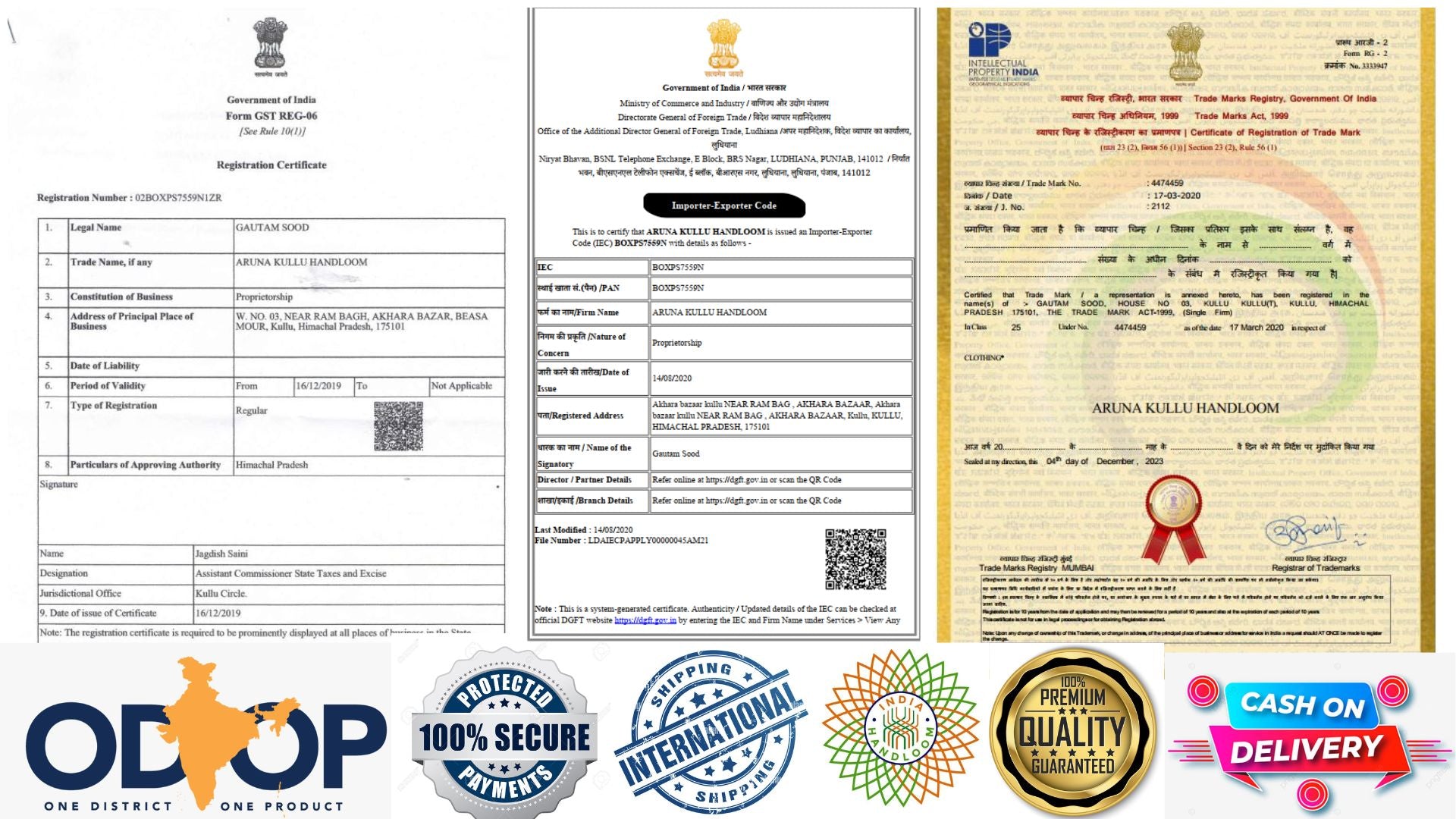 A collage showing government certificates, official stamps, and various badges with phrases like 100% Secure, International, Premium Quality Guaranteed, and Cash on Delivery. The ODOP India map logo is also visible.