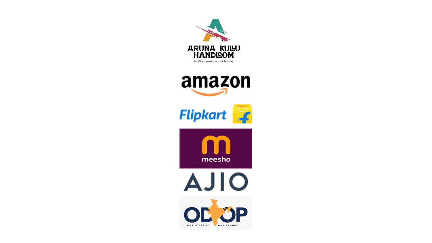 Logos of Aruna Kullu Handloom, Amazon, Flipkart, Meesho, AJIO, and ODOP (One District One Product), displayed vertically on a white background.