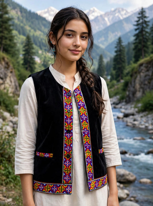 himachali traditional SHORT black jacket with kullu patti work