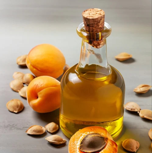 A glass bottle of aruna kullu handloom GUTTI KA TEL (Apricot oil) with a cork stopper is surrounded by whole apricots and apricot pits on a light surface.