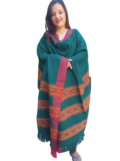 A woman smiles, wearing the aruna kullu handloom ANGORA Shawl for women, featuring beautiful triple border Kullu weaving, against a plain white background.