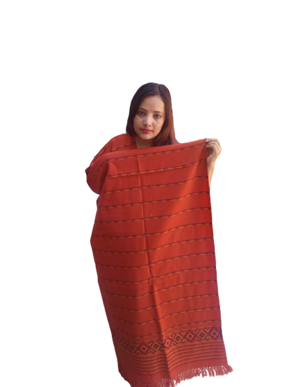 A woman with straight dark hair displays the aruna kullu handloom Hand Woven PASHMINA RUST COLOR Shawl, beautifully embroidered for women, against a plain white background.