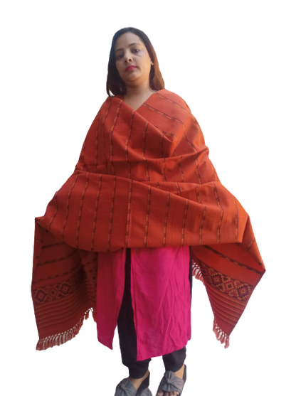 A woman stands against a plain background wearing a bright pink kurta, black pants, and an aruna kullu handloom Hand Woven PASHMINA RUST COLOR Shawl with beautiful embroidery draped over her shoulders.
