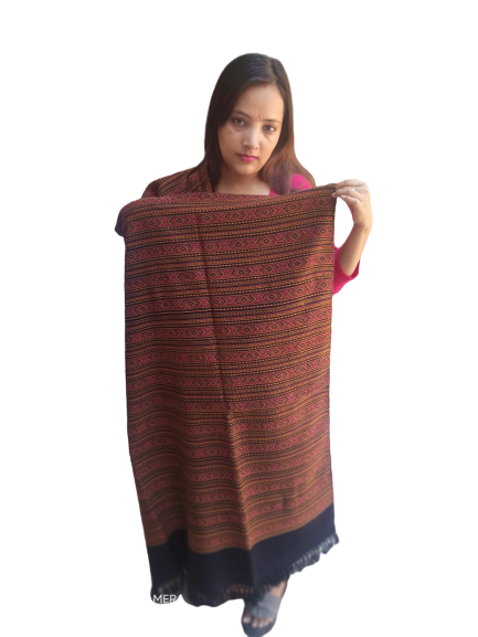 A woman with straight brown hair displays an aruna kullu handloom Hand Woven PASHMINA black shawl, beautifully embroidered and crafted for women, standing against a plain white background.