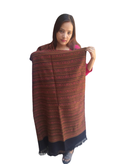A woman with straight brown hair displays an aruna kullu handloom Hand Woven PASHMINA black shawl, beautifully embroidered and crafted for women, standing against a plain white background.