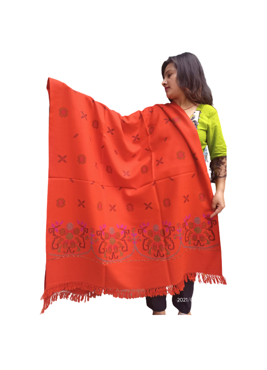 Pahadi shawl PURE YAK WOOL ANGORA FLOWER DESIGN KULLU SHAWL ORANGE 2199.00 aruna kullu handloom
