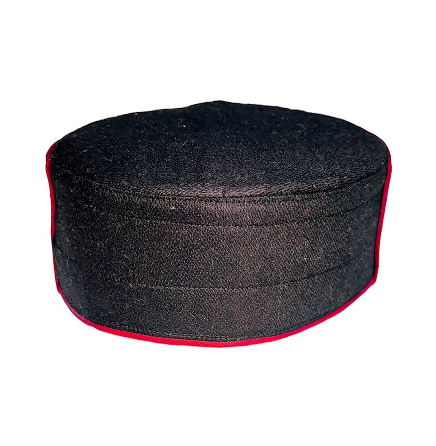 The aruna kullu handloom Radhe Radhe embroidery kullu cap is a round, black Muslim topi with a flat top and thin red edging at the base, shown against a white background.